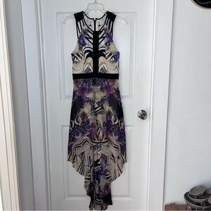 bebe Purple Floral High-Low Halter Dress with Black Trim